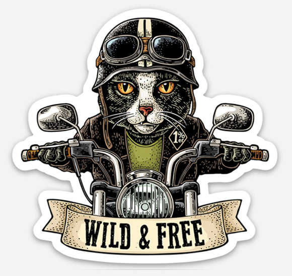 Wild & Free - Motorcycle Cat - Vinyl Sticker