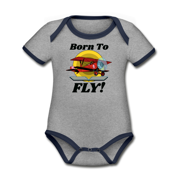 Born To Fly - Red Biplane - Organic Contrast Short Sleeve Baby Bodysuit - heather gray/navy