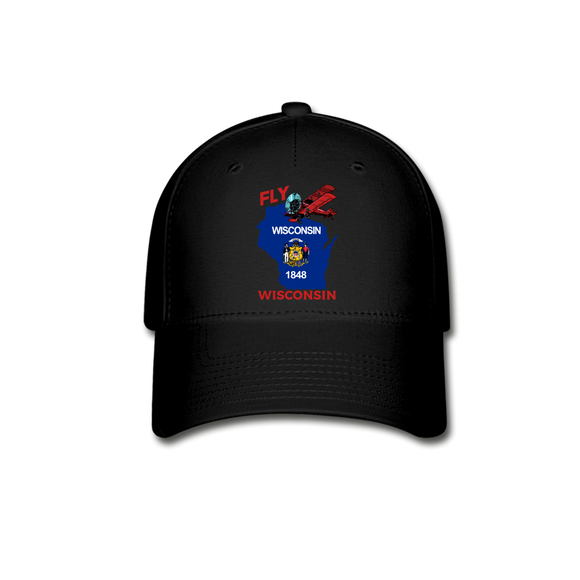 Fly Wisconsin - State Flag - Biplane - Baseball Cap - black