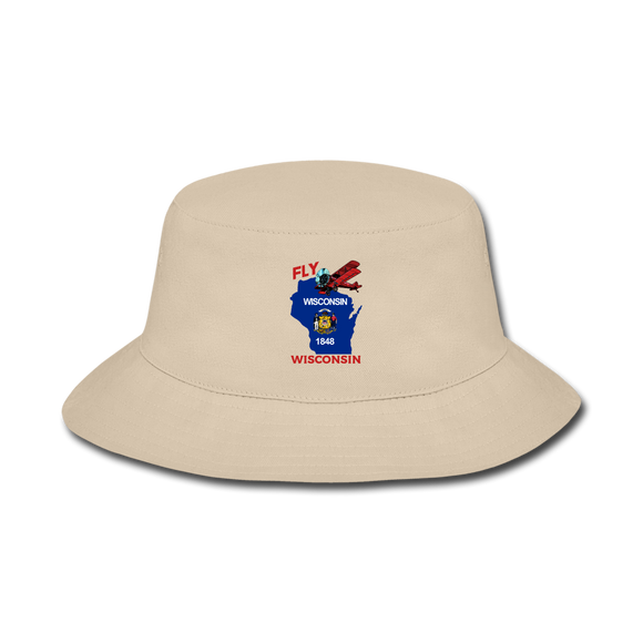 Fly Wisconsin - State Flag - Biplane - Bucket Hat - cream