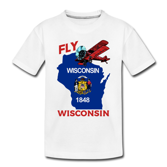 Fly Wisconsin - State Flag - Biplane - Toddler Premium Organic T-Shirt - white