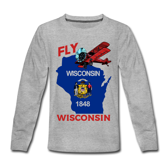 Fly Wisconsin - State Flag - Biplane - Kids' Premium Long Sleeve T-Shirt - heather gray