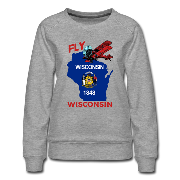 Fly Wisconsin - State Flag - Biplane - Women’s Premium Sweatshirt - heather grey