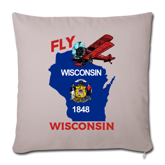 Fly Wisconsin - State Flag - Biplane - Throw Pillow Cover 18” x 18” - light taupe