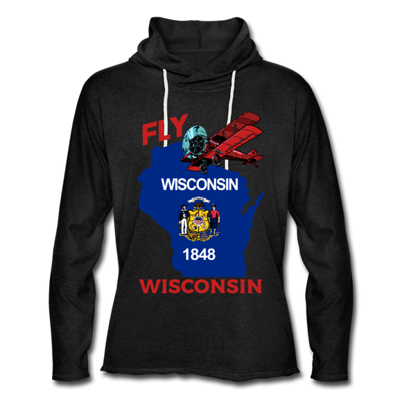 Fly Wisconsin - State Flag - Biplane - Unisex Lightweight Terry Hoodie - charcoal grey