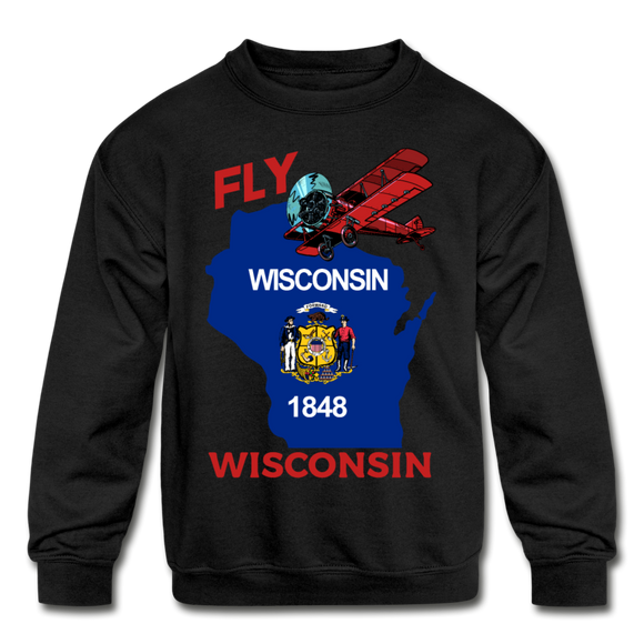 Fly Wisconsin - State Flag - Biplane - Kids' Crewneck Sweatshirt - black