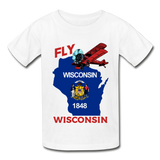Fly Wisconsin - State Flag - Biplane - Hanes Youth Tagless T-Shirt - white