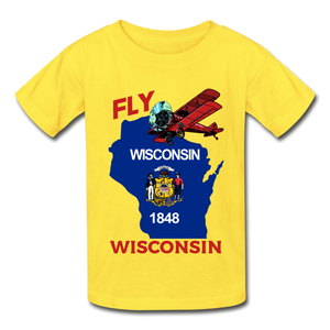 Fly Wisconsin - State Flag - Biplane - Hanes Youth Tagless T-Shirt - yellow