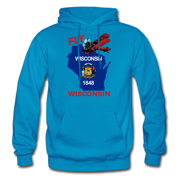 Fly Wisconsin - State Flag - Biplane - Gildan Heavy Blend Adult Hoodie - turquoise