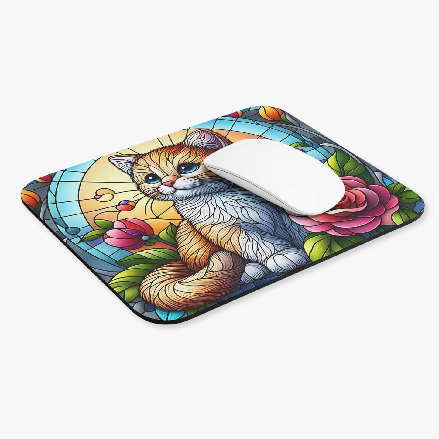 Cats - Stained Glass Cat With Rose - Mouse Pad (Rectangle)