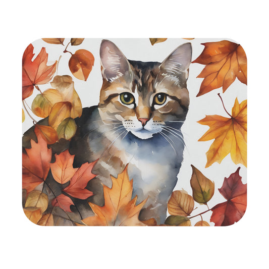 Cats - Fall Leaves Around Cat - Mouse Pad (Rectangle)