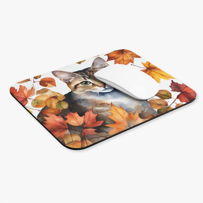 Cats - Fall Leaves Around Cat - Mouse Pad (Rectangle)