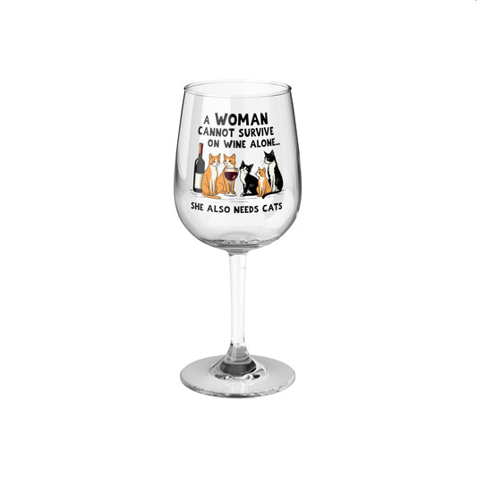 Wine - A Woman Cannot Survive on Wine Alone - Cats - Wine Glass, 12oz