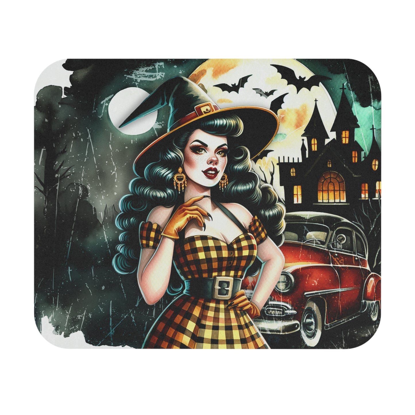 Halloween - Retro Witch With Car - Mouse Pad (Rectangle)