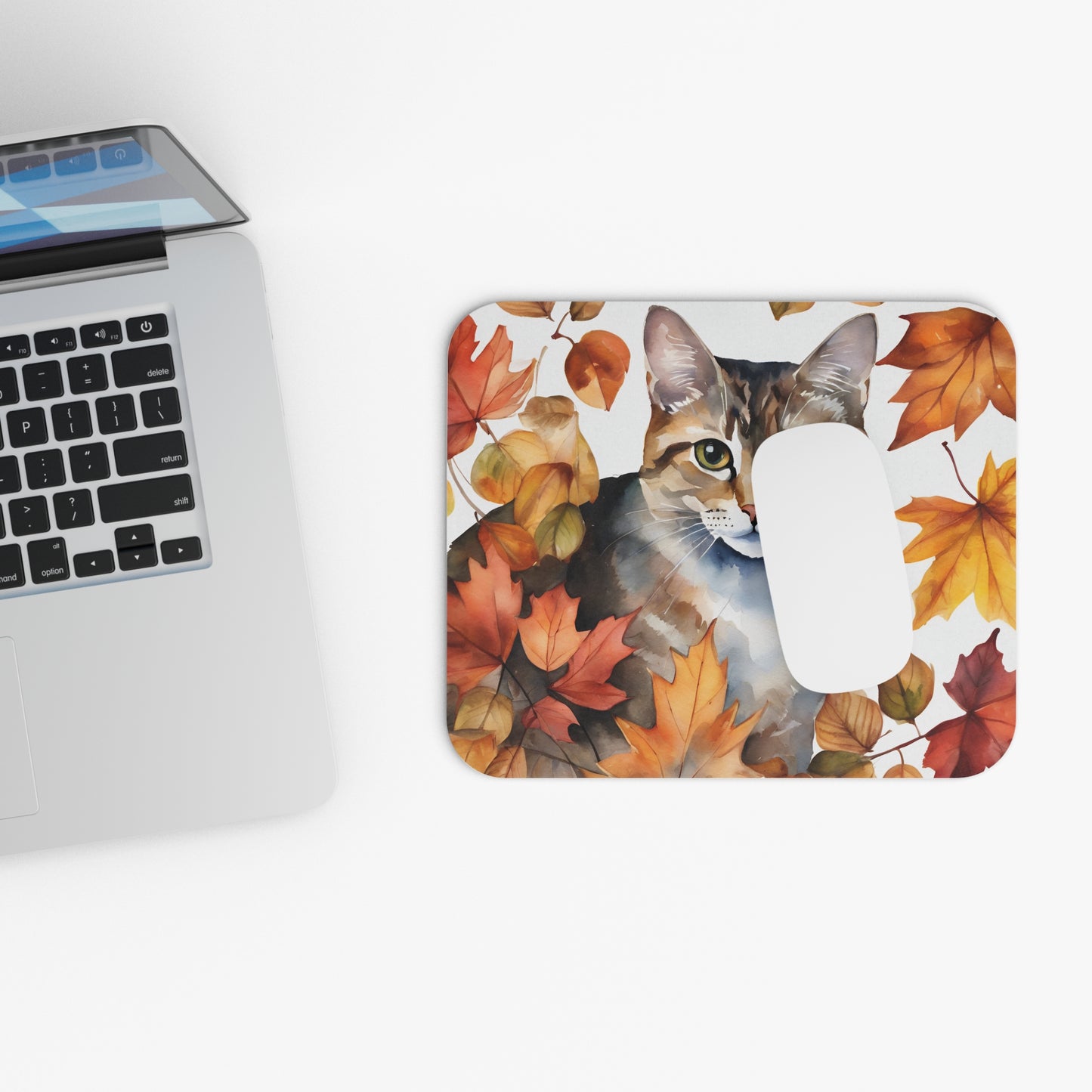 Cats - Fall Leaves Around Cat - Mouse Pad (Rectangle)