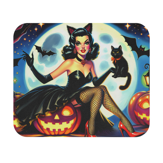 Halloween - Retro Women With Black Cat - Mouse Pad (Rectangle)