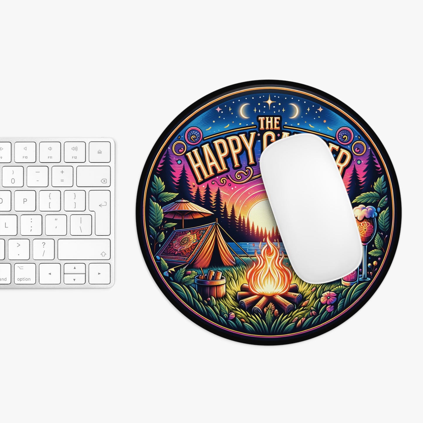 Camping - Happy Camper - Round Mouse Pad