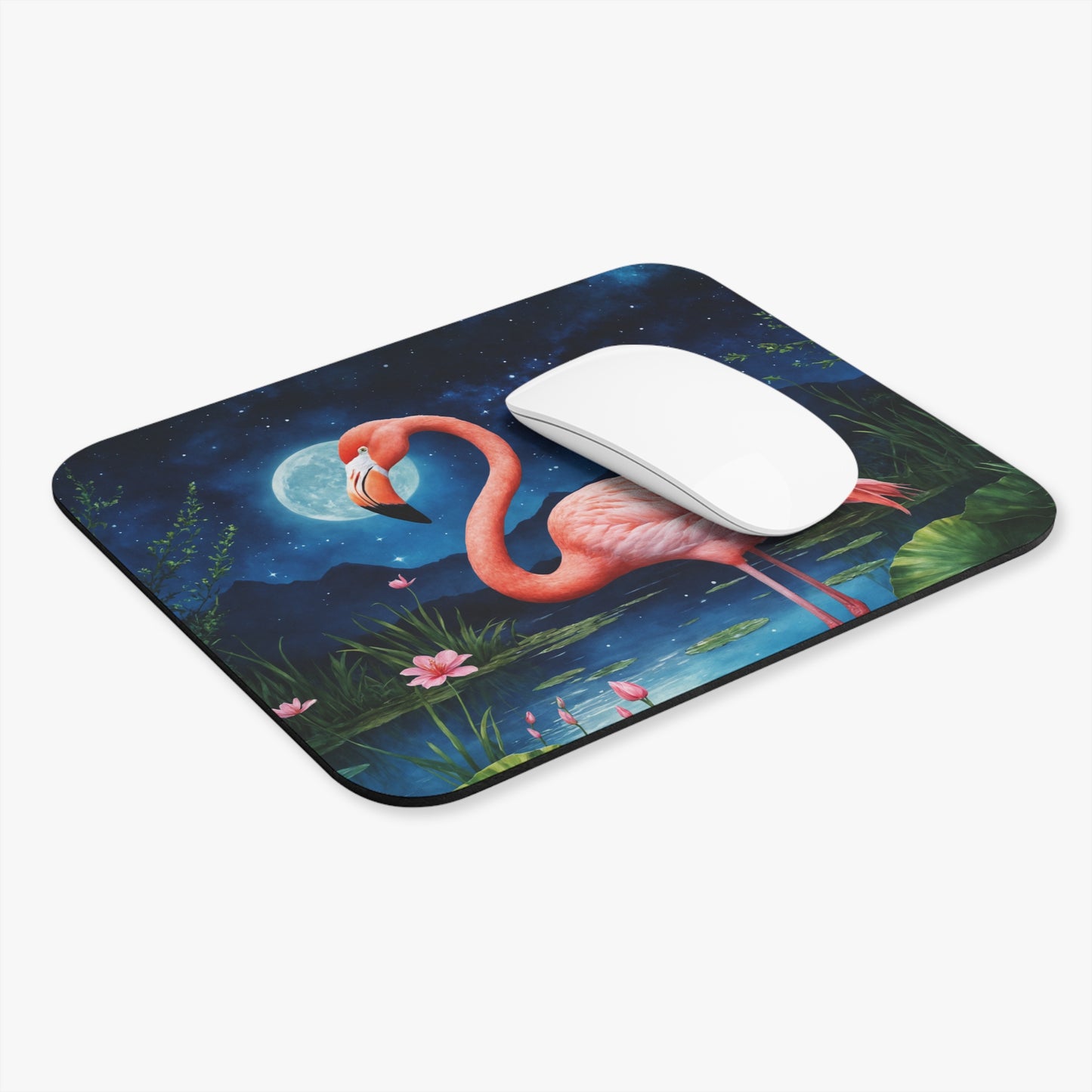 Flamingos - Flamingo In Night Sky With Moon - Mouse Pad (Rectangle)