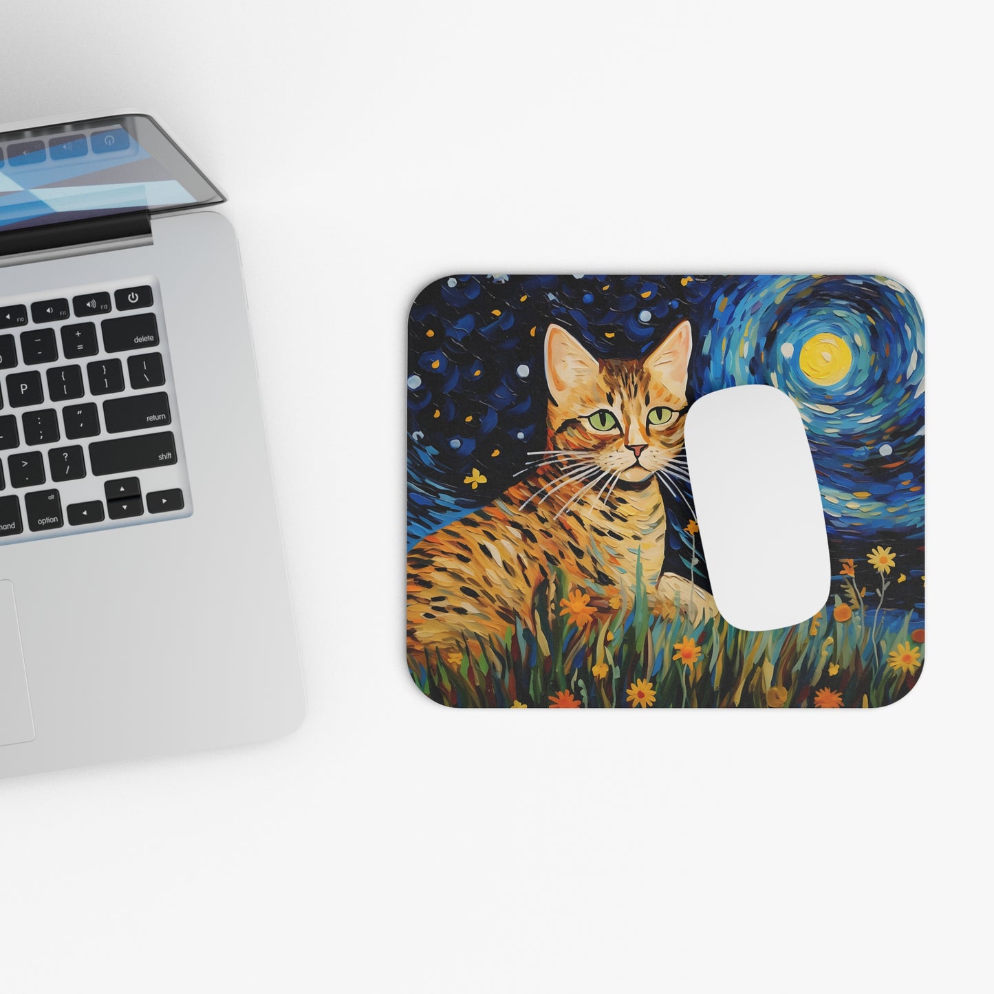 Cats - Tiger Cat And Moon Painting - Mouse Pad (Rectangle)