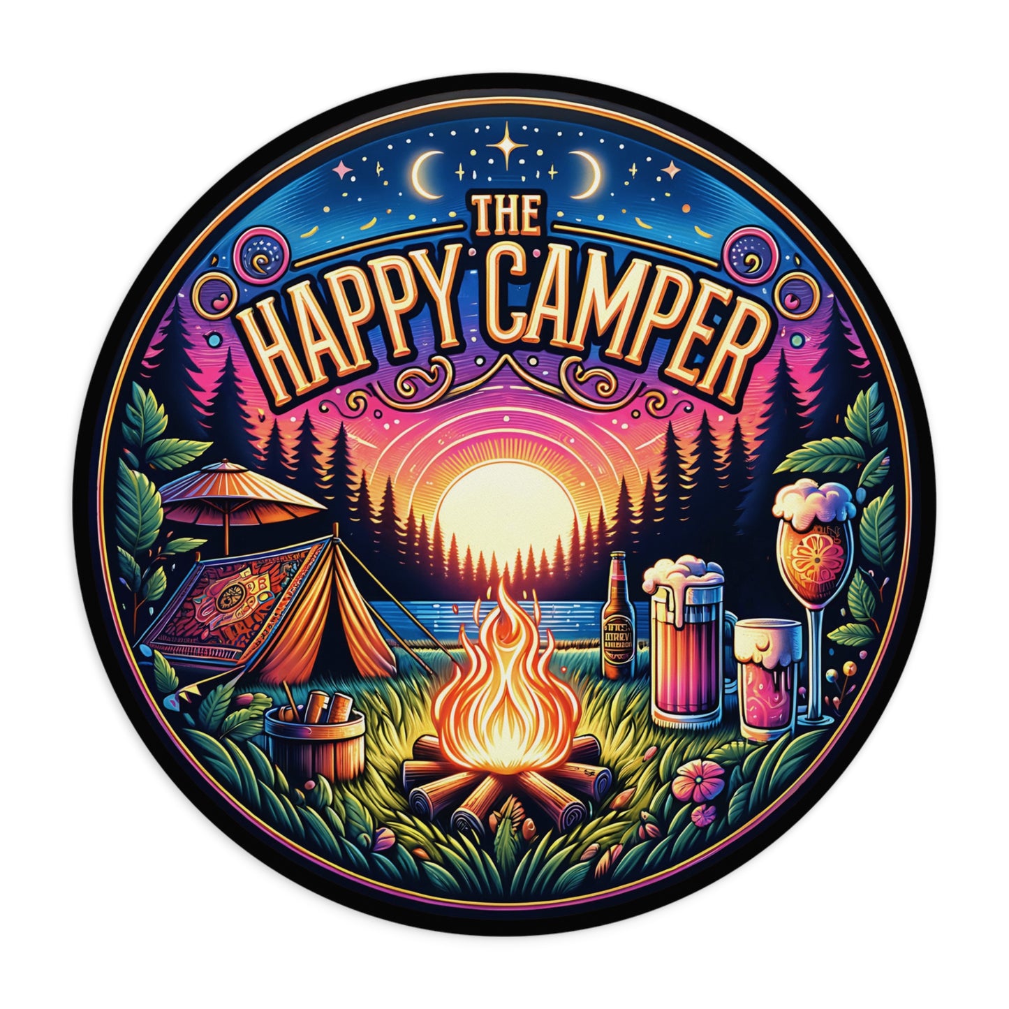 Camping - Happy Camper - Round Mouse Pad