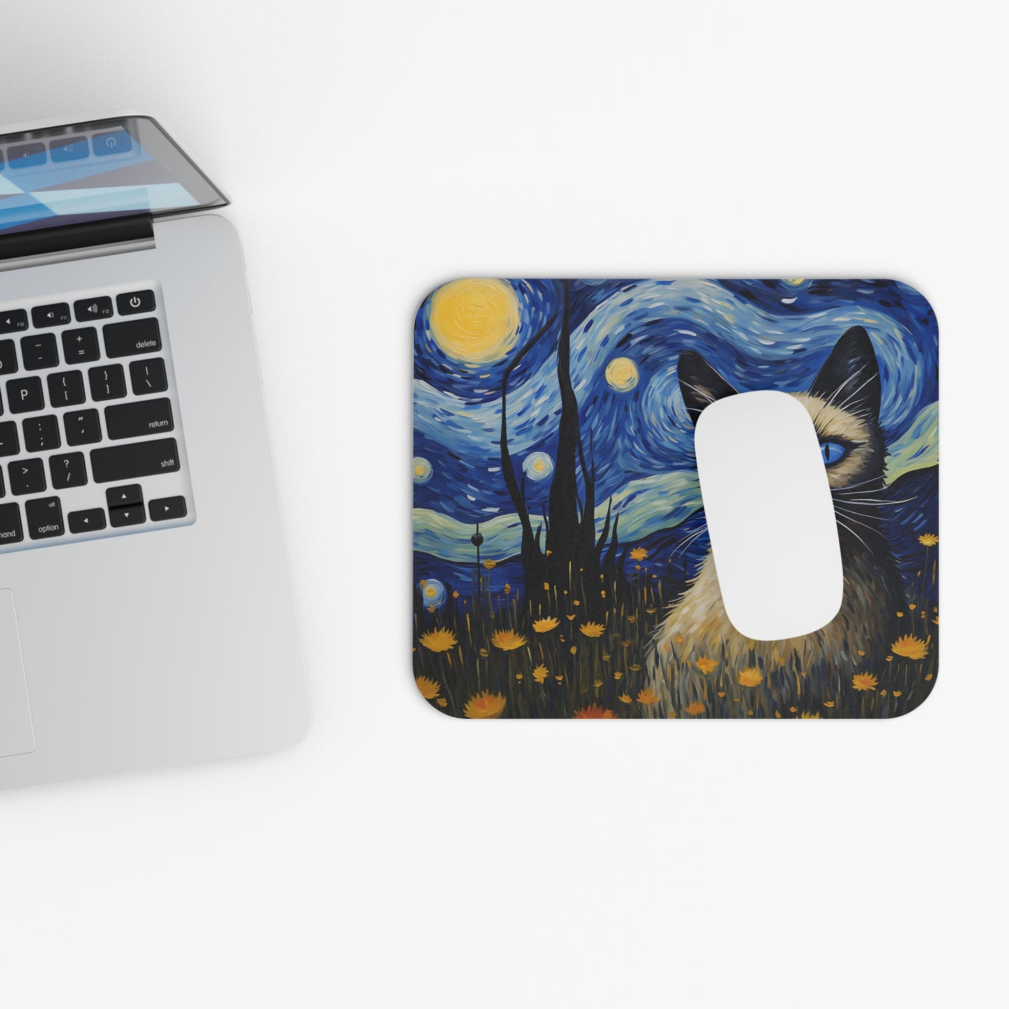 Cats - Blue Eyed Cat And Night Sky Painting - Mouse Pad (Rectangle)