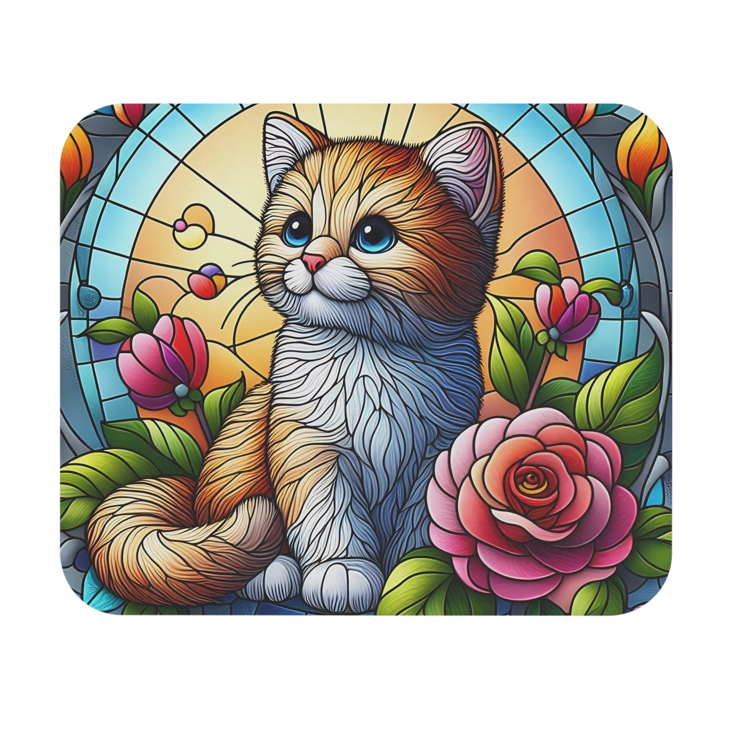 Cats - Stained Glass Cat With Rose - Mouse Pad (Rectangle)