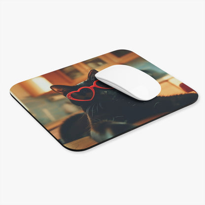 Cats - Black Cat And Red Glasses - Mouse Pad (Rectangle)