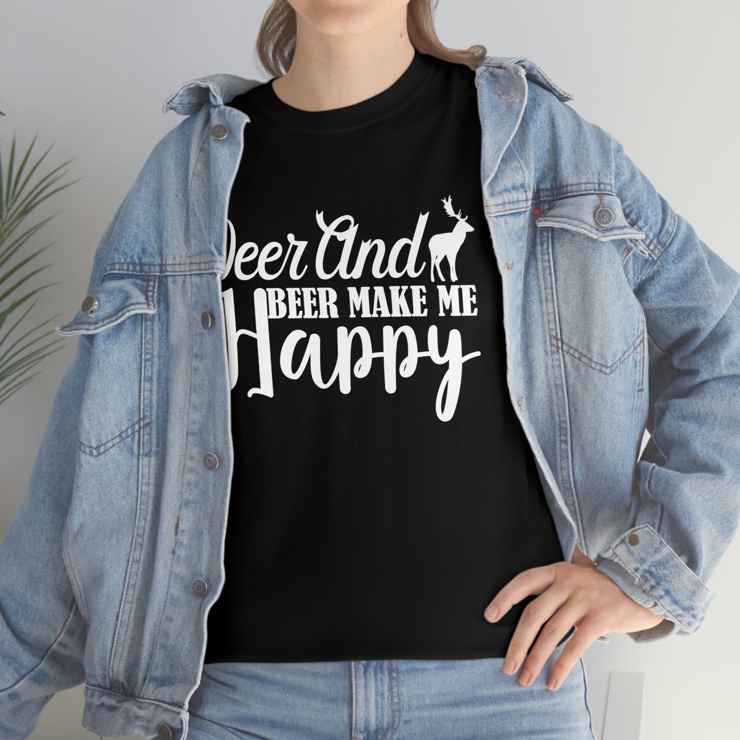 Deer And Beer Make Me Happy - White - Unisex Heavy Cotton Tee