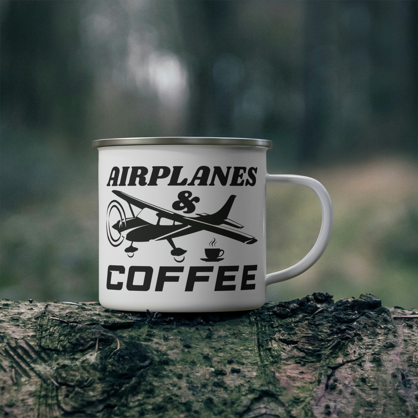 Airplanes And Coffee - Black - Enamel Camping Mug