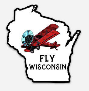 Fly Wisconsin - State - Biplane - Vinyl Sticker