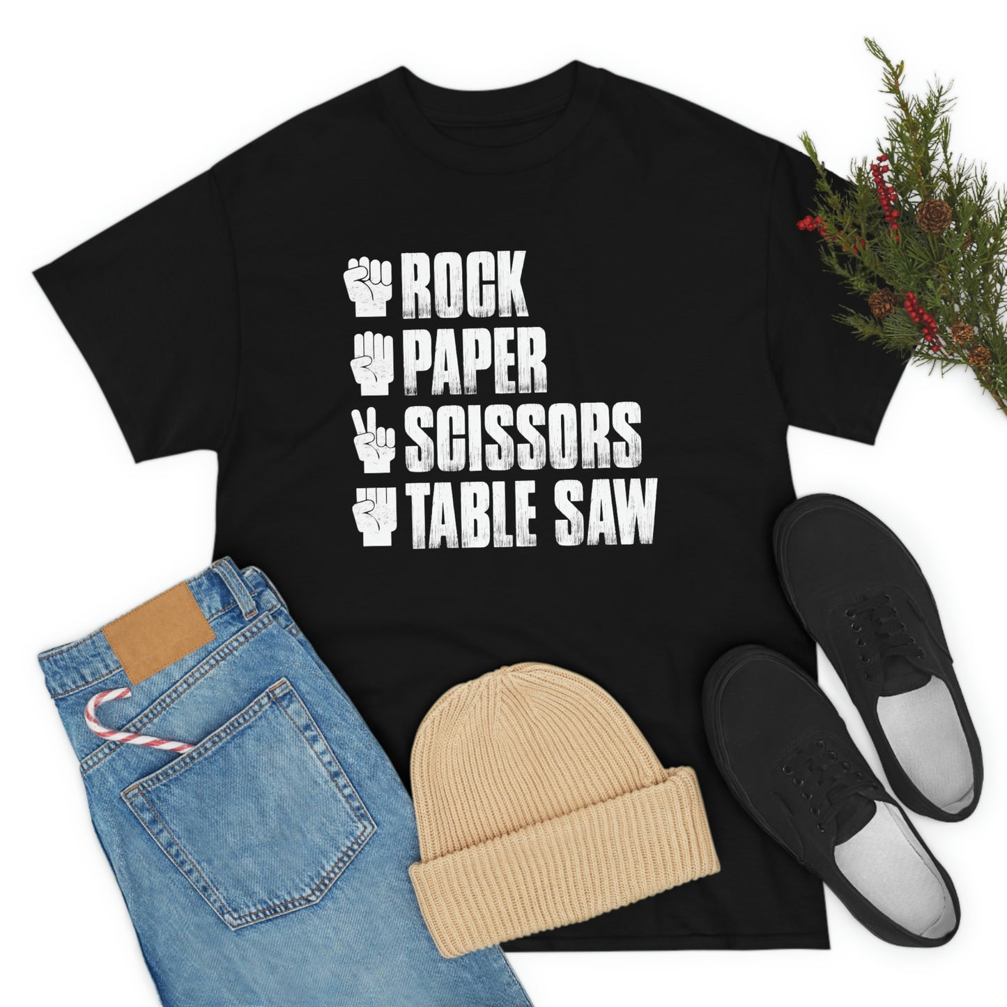 Rock, Paper, Scissors, Table Saw - Unisex Heavy Cotton Tee