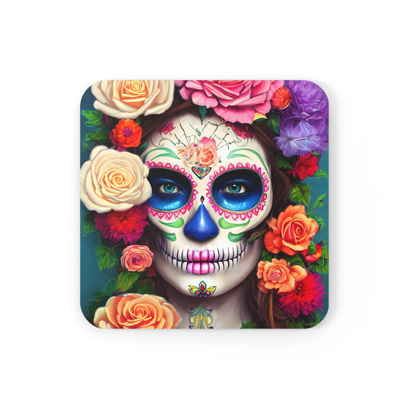 Sugar Skull Flowers - v2 - Cork Back Square Coaster