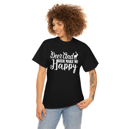 Deer And Beer Make Me Happy - White - Unisex Heavy Cotton Tee