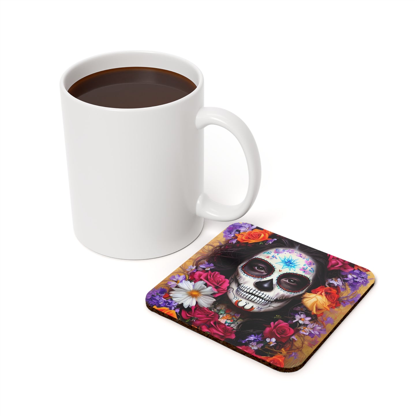 Sugar Skull Flowers - v1 - Cork Back Square Coaster