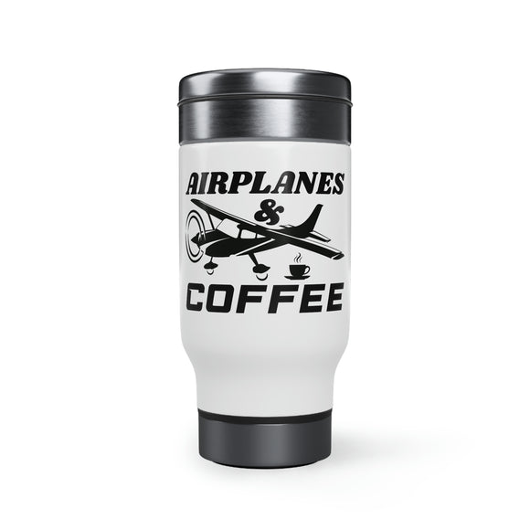 Airplanes And Coffee - Black - Stainless Steel Travel Mug with Handle, 14oz
