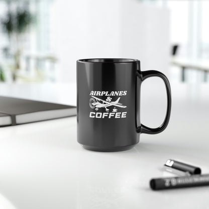 Airplanes And Coffee - White - Black Mug, 15oz