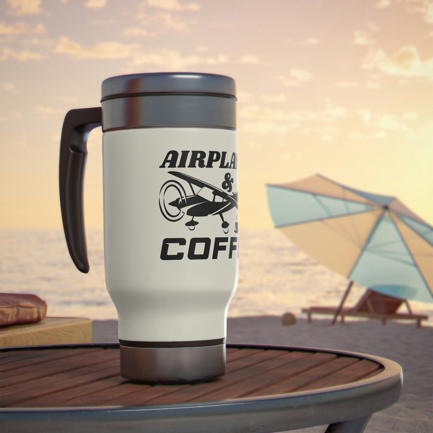 Airplanes And Coffee - Black - Stainless Steel Travel Mug with Handle, 14oz