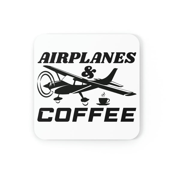 Airplanes And Coffee - Black - Cork Back Square Coaster