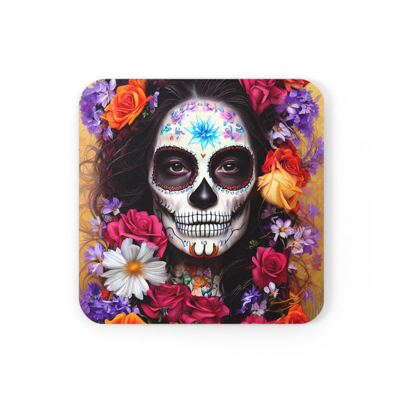Sugar Skull Flowers - v1 - Cork Back Square Coaster
