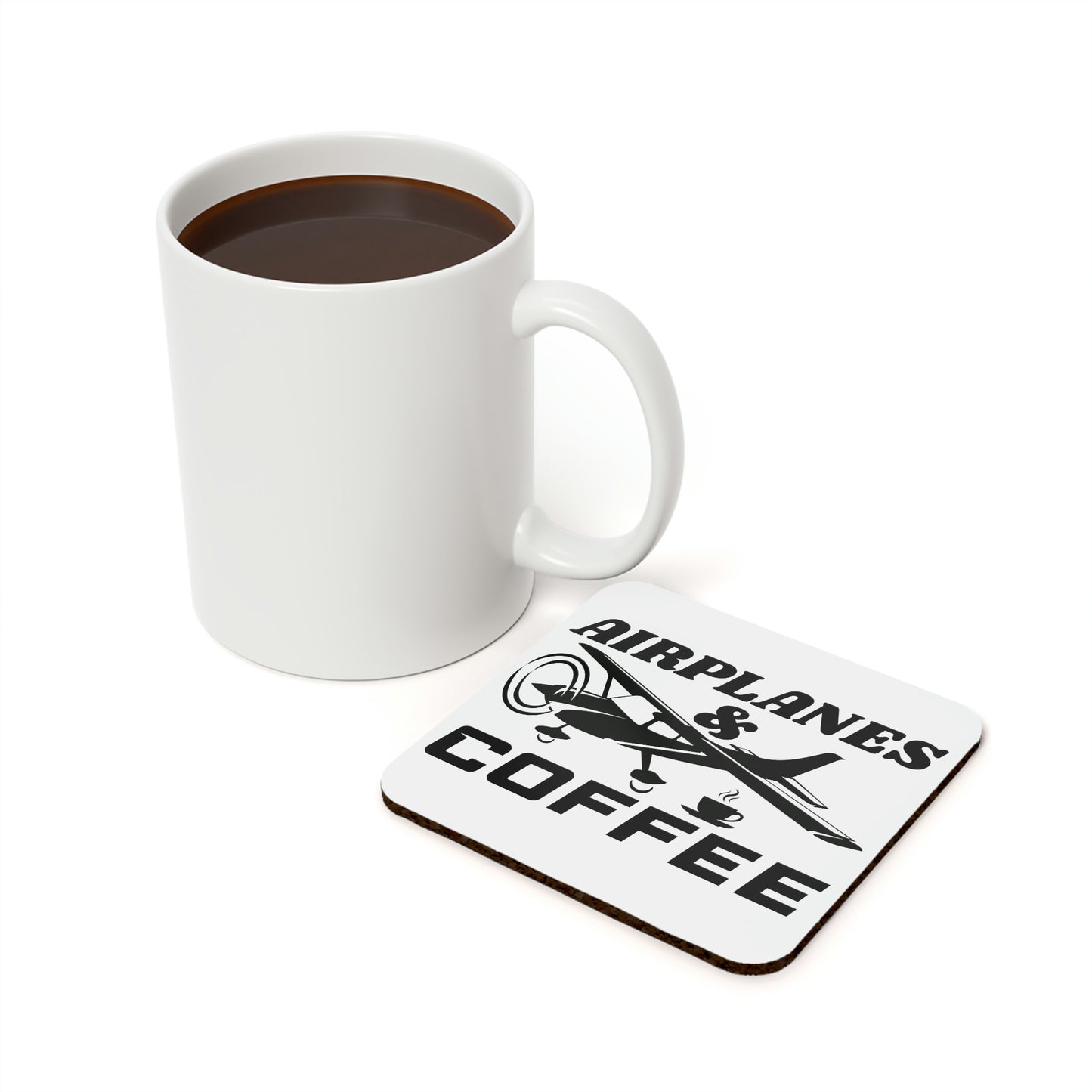 Airplanes And Coffee - Black - Cork Back Square Coaster