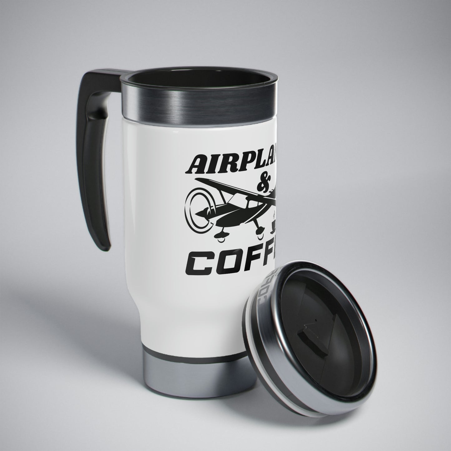 Airplanes And Coffee - Black - Stainless Steel Travel Mug with Handle, 14oz