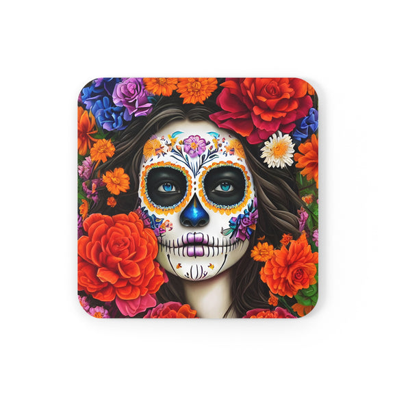 Sugar Skull Flowers - v3 - Cork Back Square Coaster