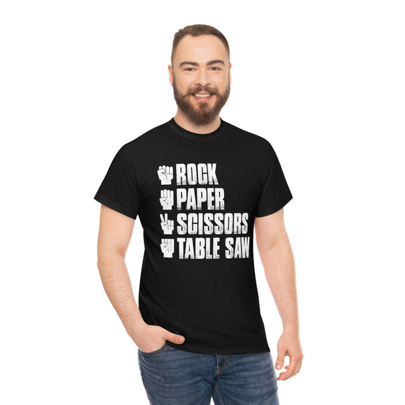 Rock, Paper, Scissors, Table Saw - Unisex Heavy Cotton Tee