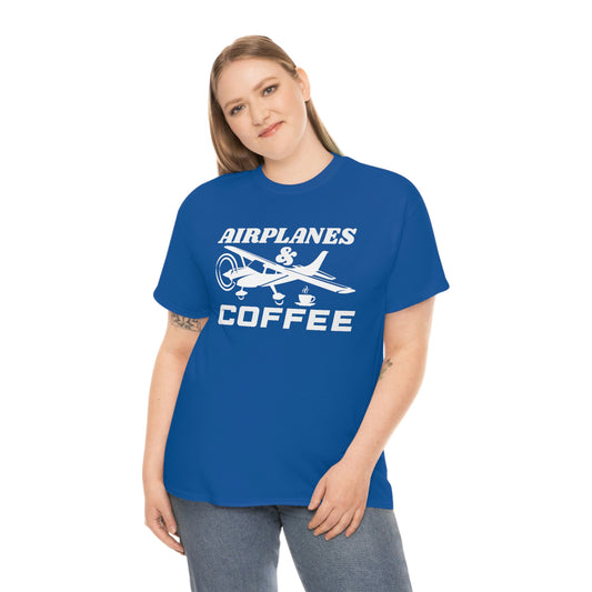 Airplanes And Coffee - White - Unisex Heavy Cotton Tee