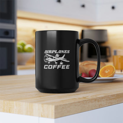 Airplanes And Coffee - White - Black Mug, 15oz