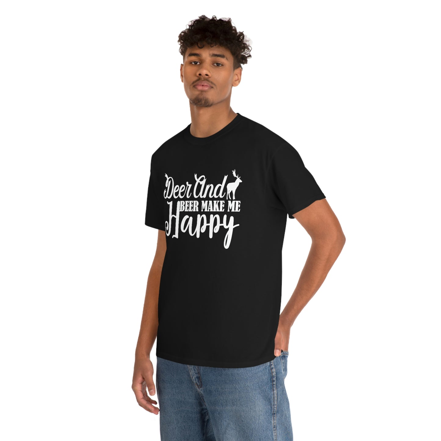 Deer And Beer Make Me Happy - White - Unisex Heavy Cotton Tee