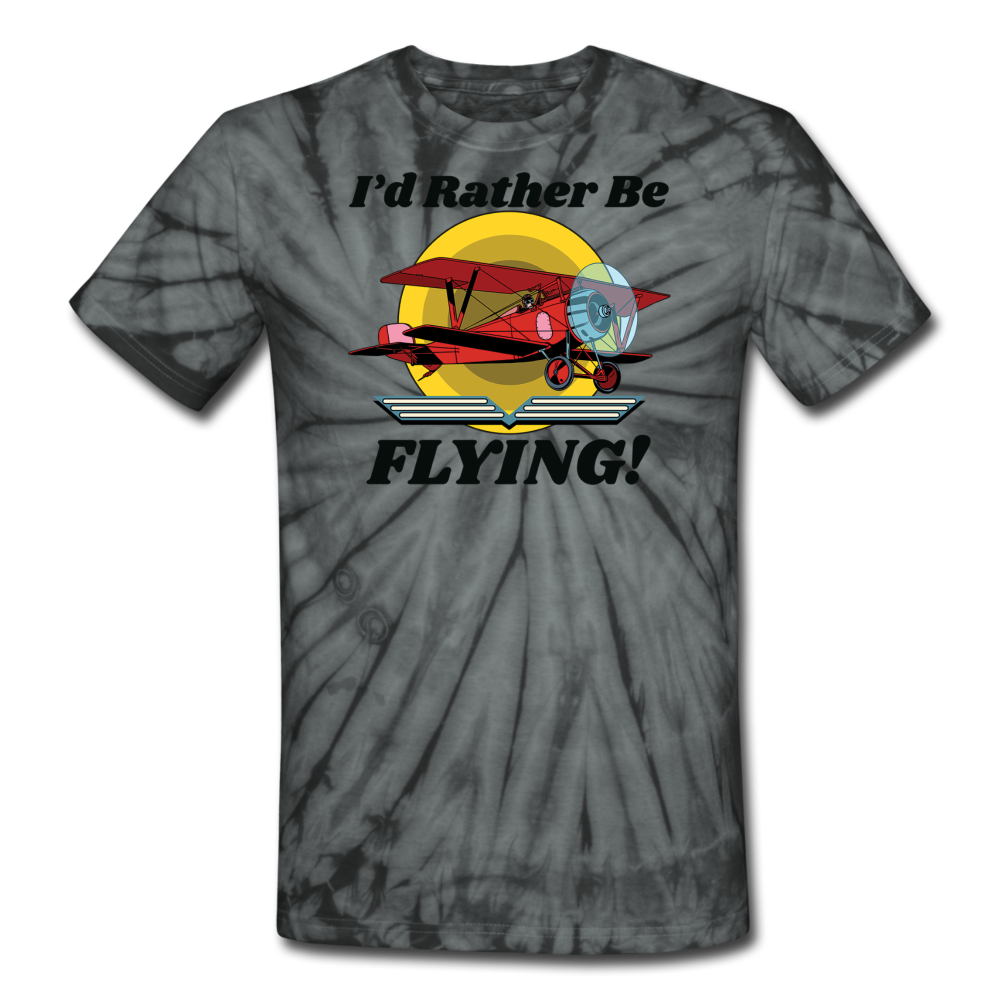 I'd Rather Be Flying - Biplane - Unisex Tie Dye T-Shirt - spider black