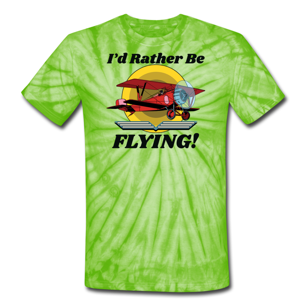 I'd Rather Be Flying - Biplane - Unisex Tie Dye T-Shirt - spider lime green