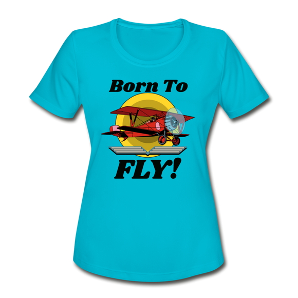 Born To Fly - Red Biplane - Women's Moisture Wicking Performance T-Shirt - turquoise