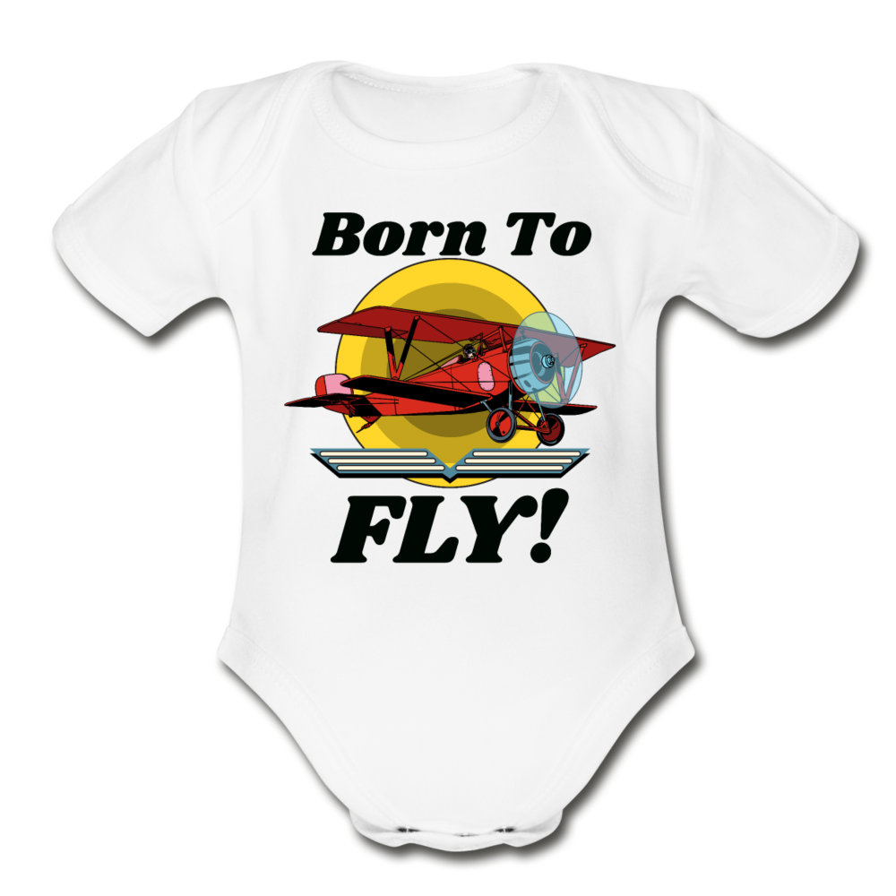 Born To Fly - Red Biplane - Organic Short Sleeve Baby Bodysuit - white